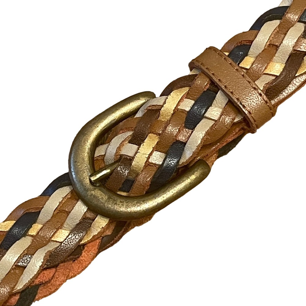 Neutral Tone Leather Belt Women Med Multicolor‎ Braided Brass Buckle Adjustable